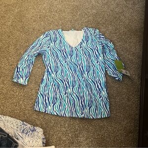 Anthonys Resort Wear Top Womens Blue Design  V Neck 3/4 Sleeve Pullover Shirt